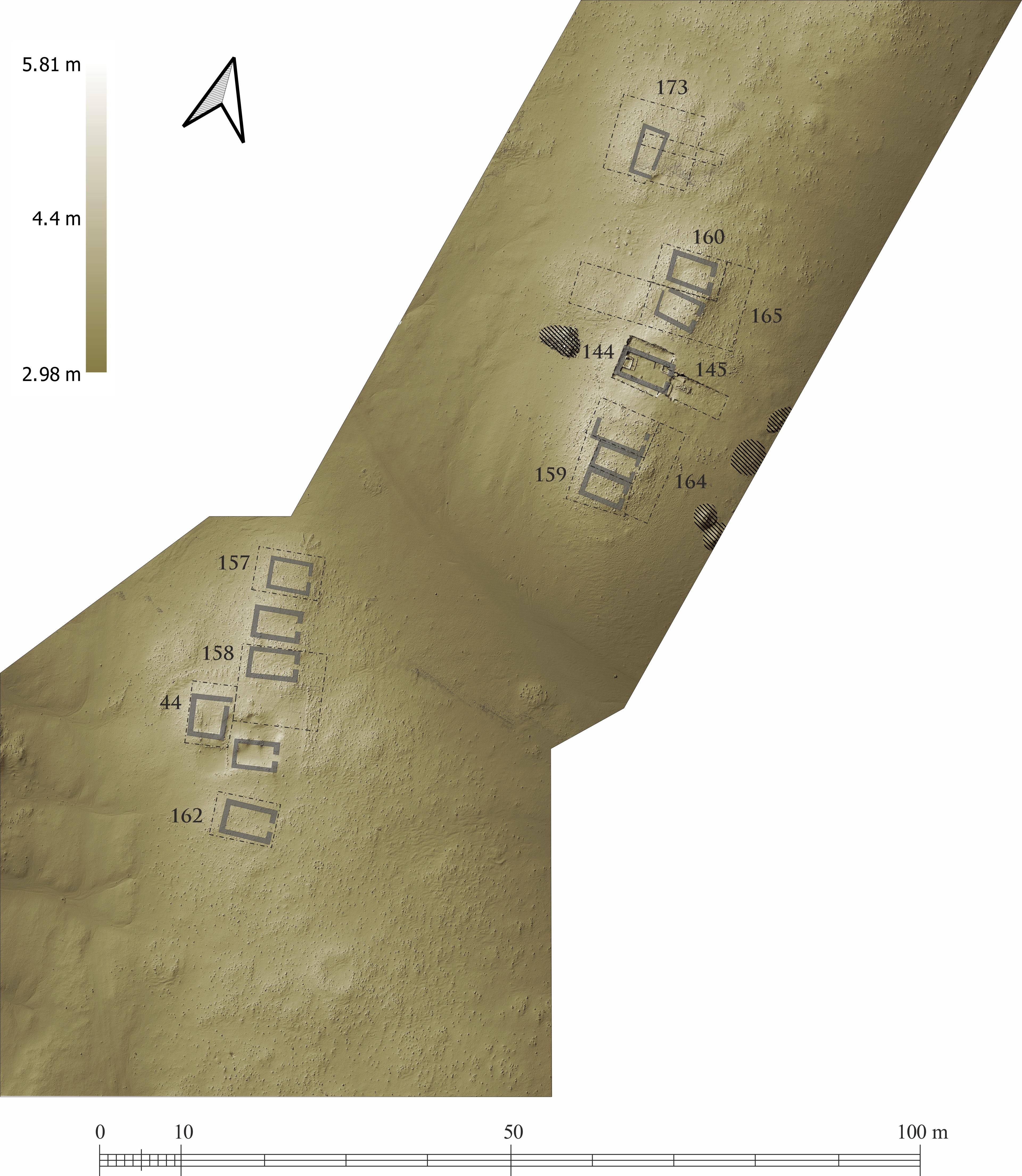 Hillshade plan of Cemeteries N1–N2 showing positions of excavated tombs. Hatching indicating excavation heaps (P. Czernic and M. Gwiazda, courtesy of PCMA) (CC-BY4.0 License)